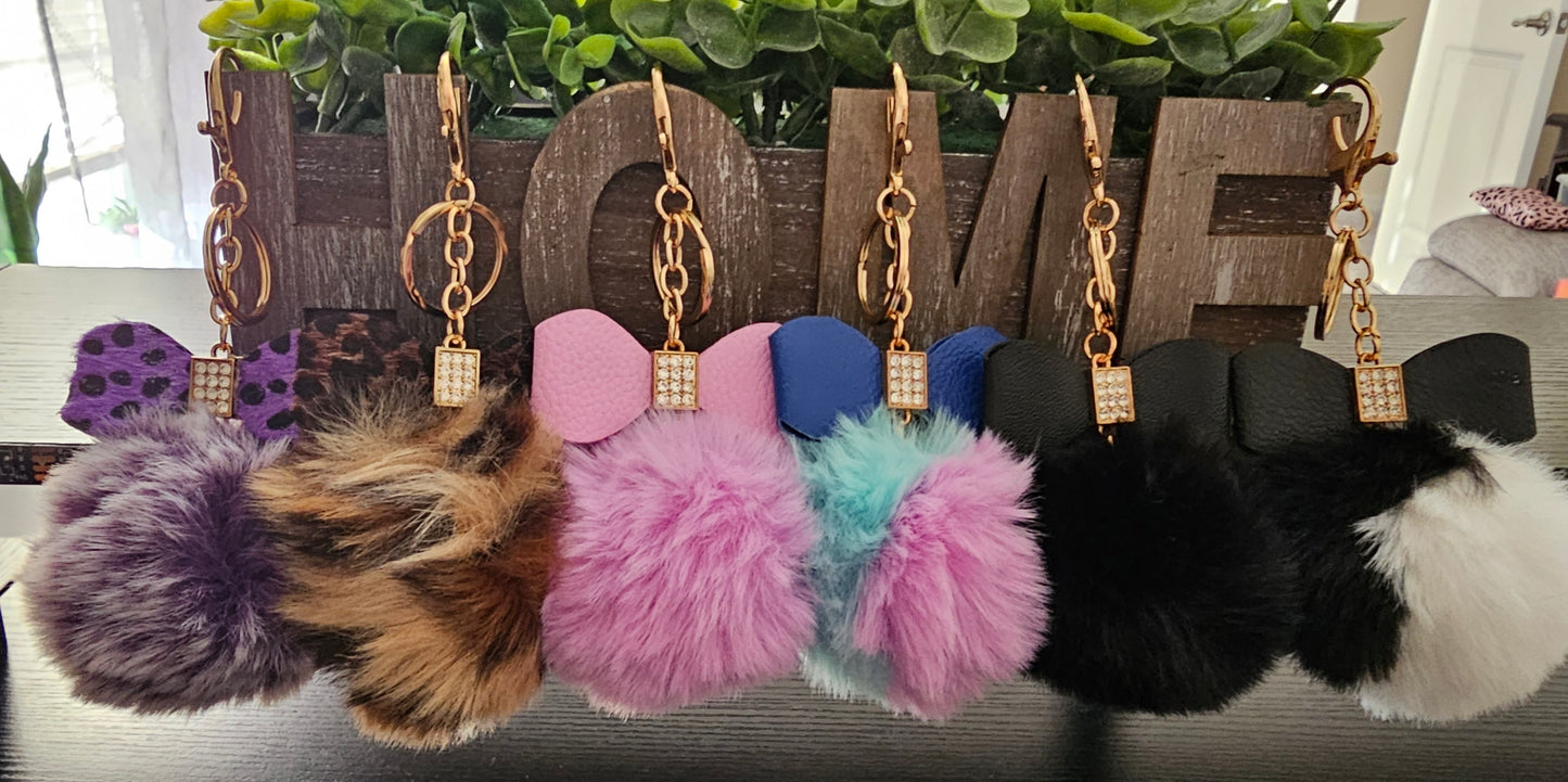 Assorted bow rhinestone pompom bag charm - Christine Boutique Glam