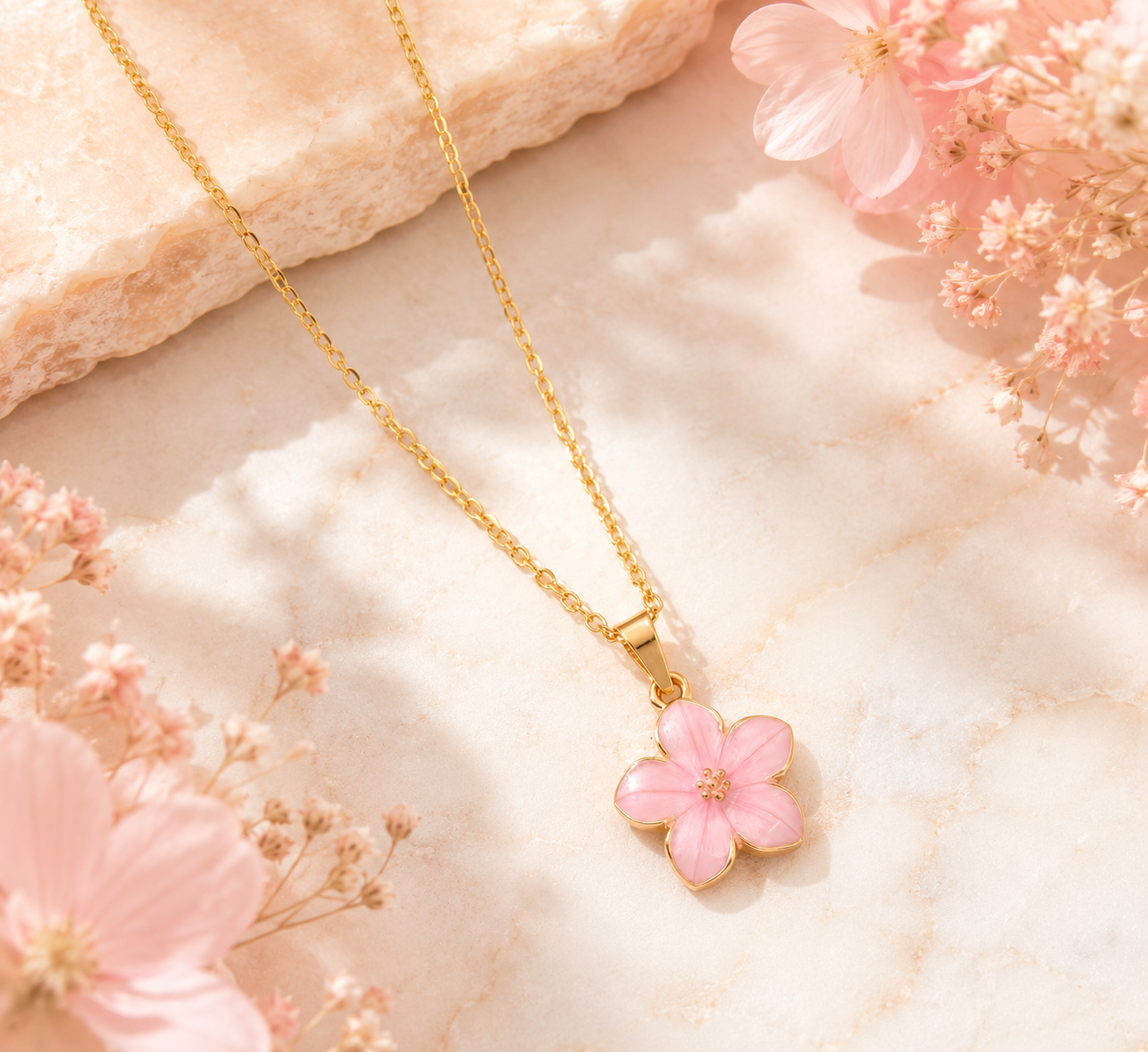 Gold Pink Flower Pendant Necklace