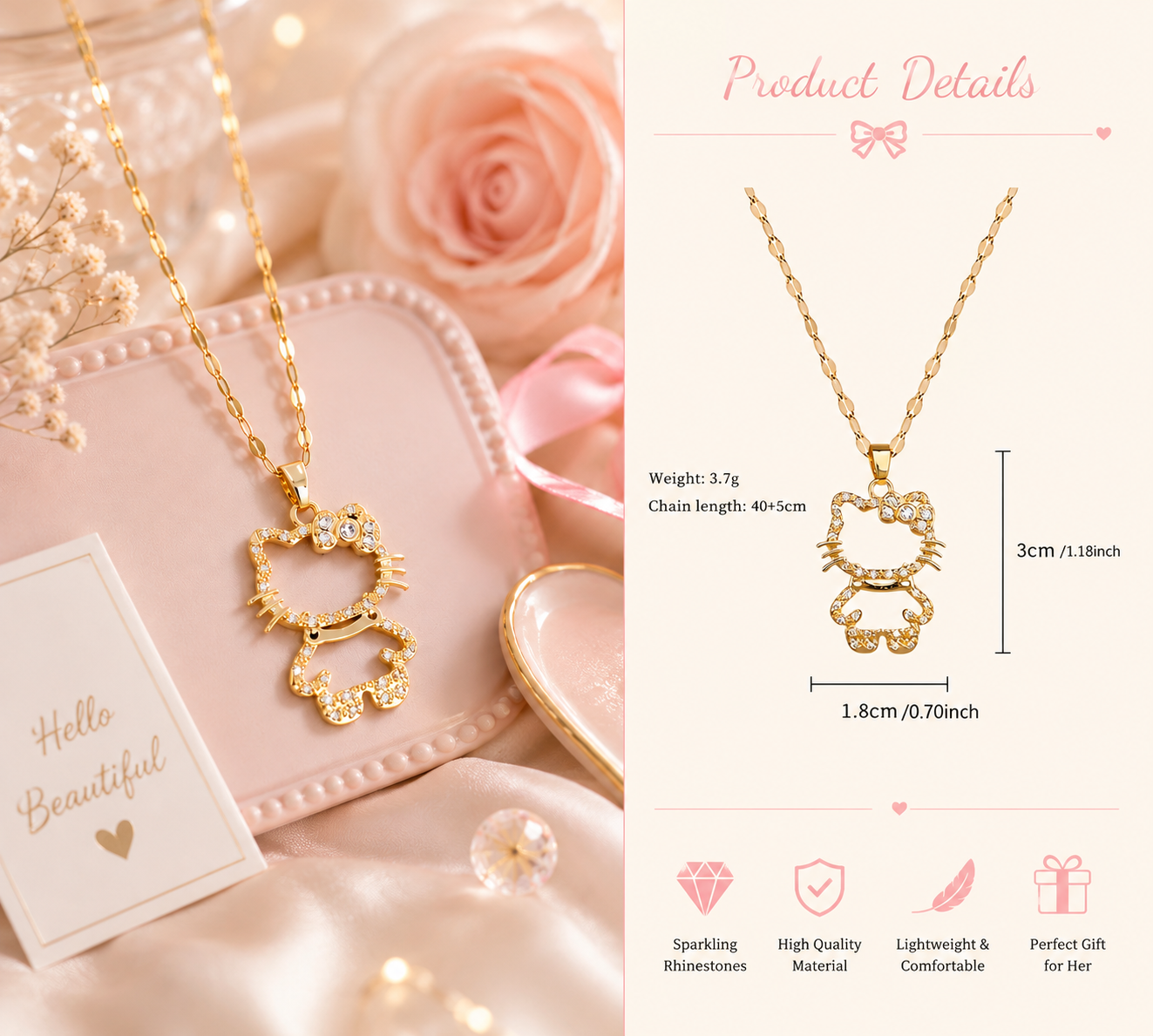 Gold Kitty Pendant Necklace with Crystal Accents