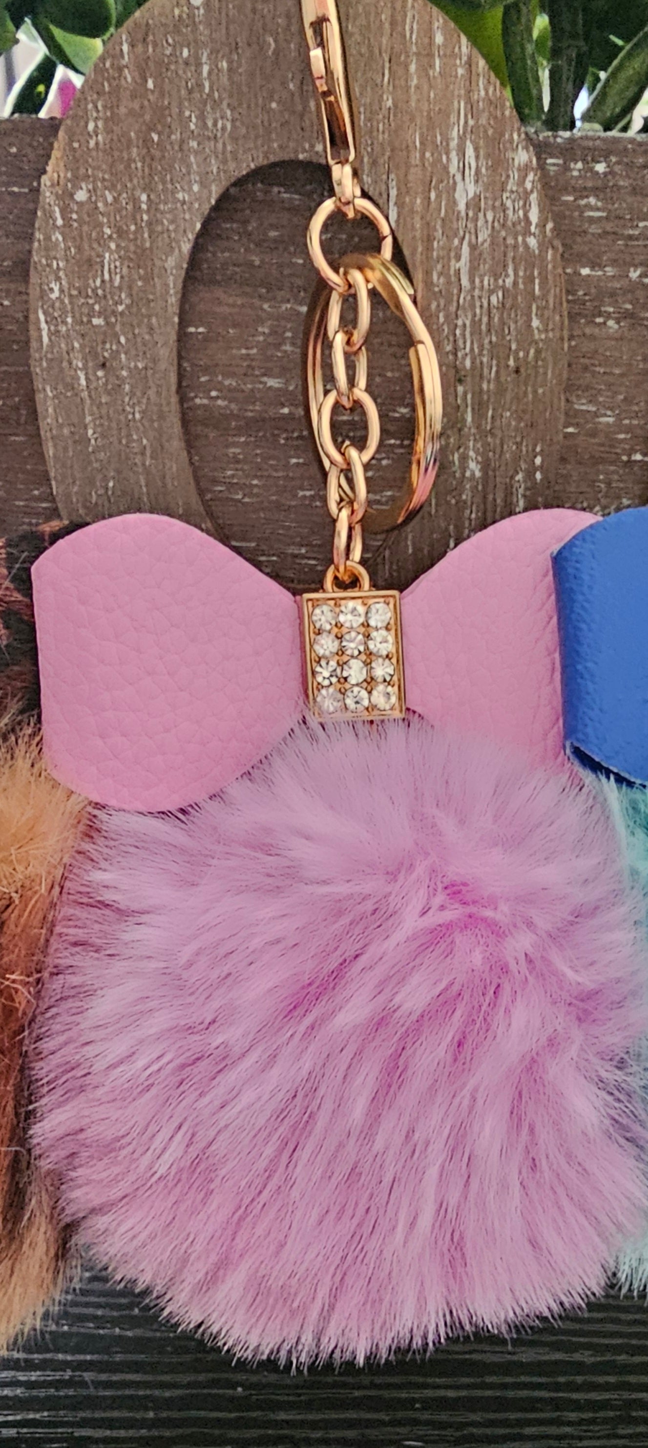 Assorted bow rhinestone pompom bag charm - Christine Boutique Glam
