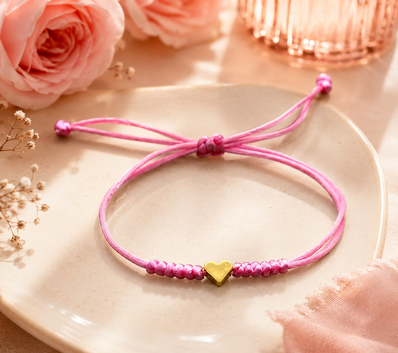 Adjustable Pink Bracelet with Gold Heart Charm