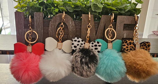 Assorted bow rhinestone pompom bag charm - Christine Boutique Glam