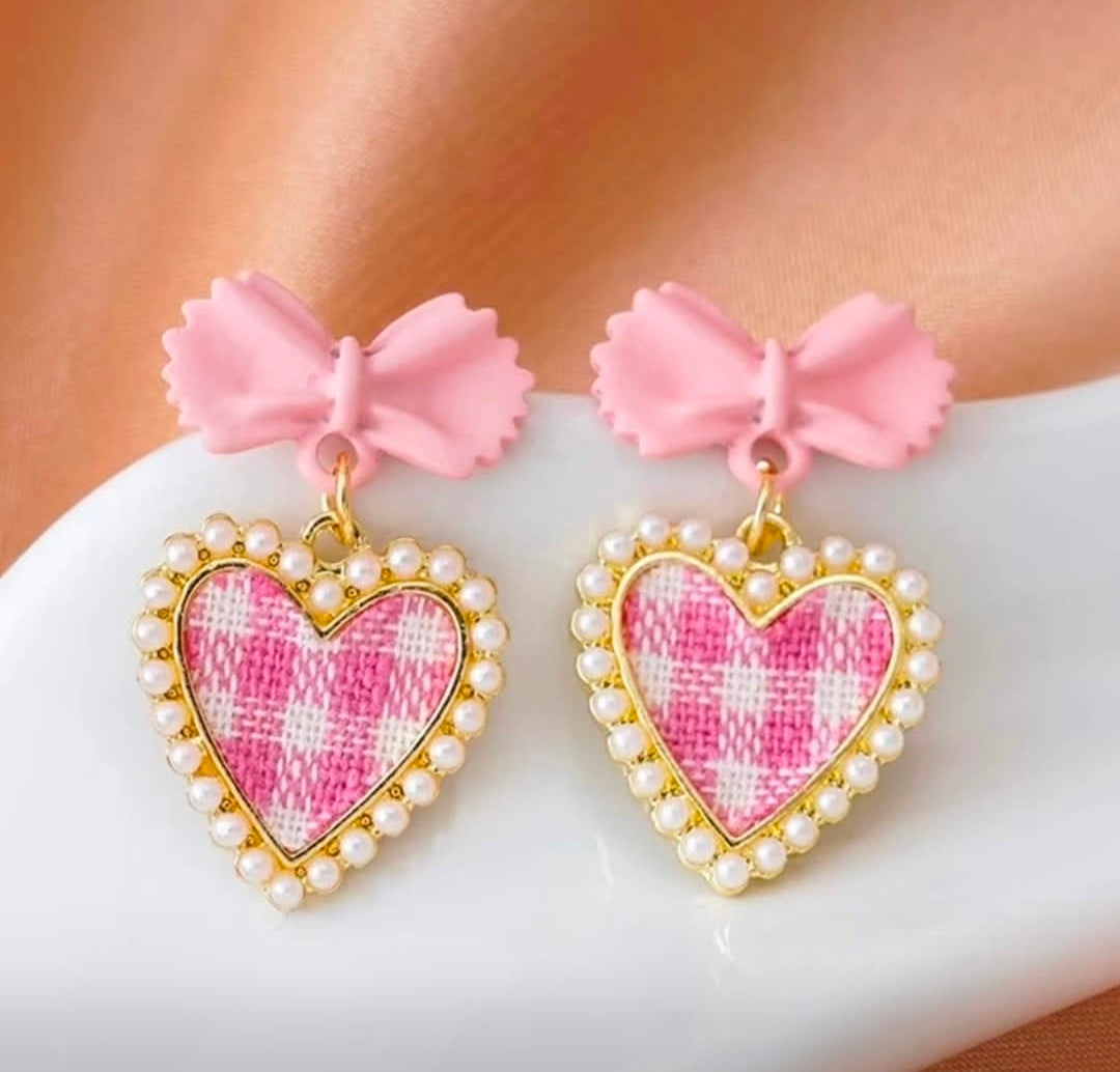 Heart Bow Earrings - Cute PinPinkk Plaid Heart Dangle