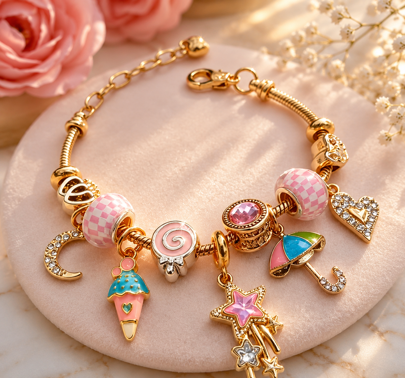 Mutli charm bracelet in gold