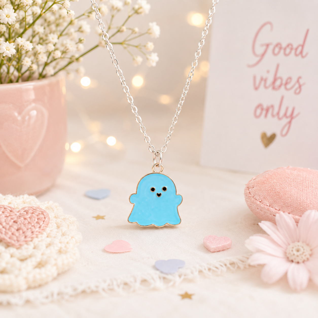 Cute Blue Ghost Pendant Necklace - Charming Women's Jewelry
