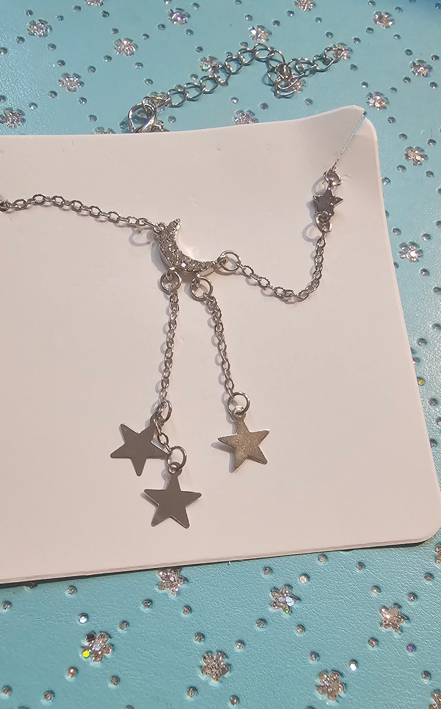 Star and moon fashion dangle necklace in silver tone - Christine Boutique Glam