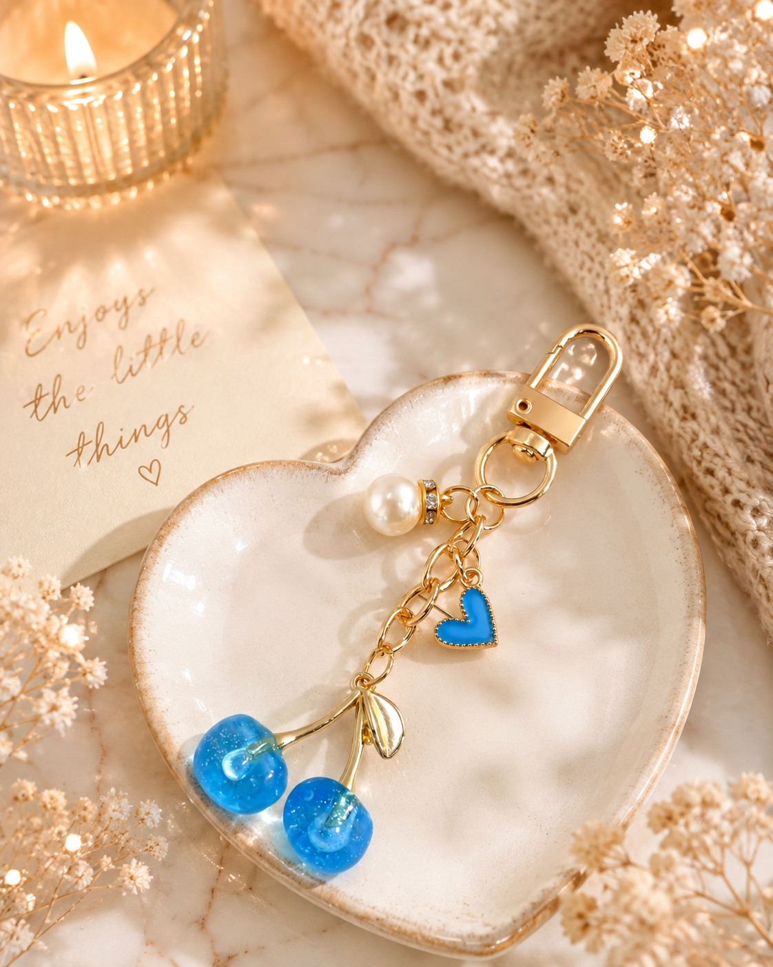 Gold-Tone Cherry Keychain with Pearl Charm