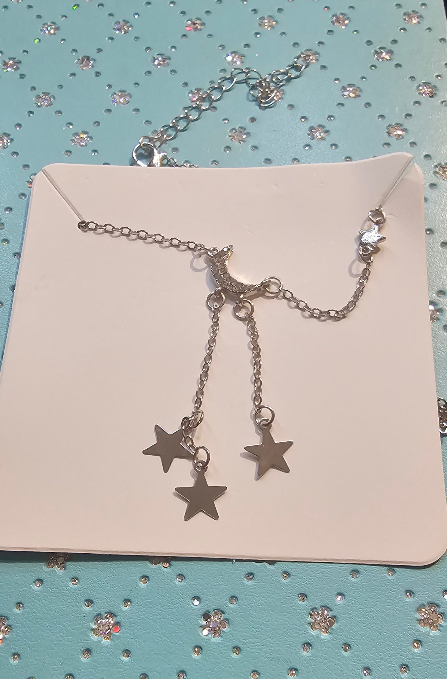 Star and moon fashion dangle necklace in silver tone - Christine Boutique Glam