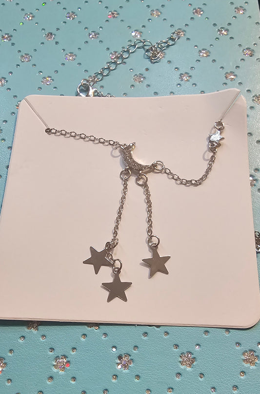 Star and moon fashion dangle necklace in silver tone - Christine Boutique Glam
