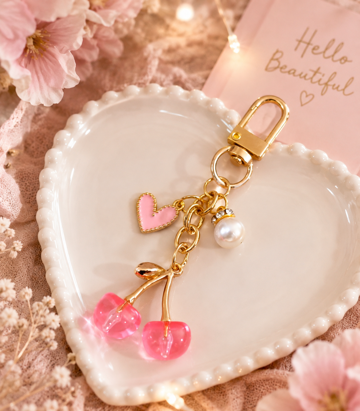 Gold-Tone Cherry Keychain with Pearl Charm