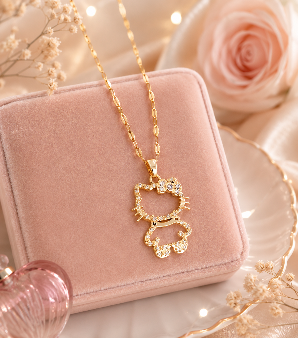 Gold Kitty Pendant Necklace with Crystal Accents